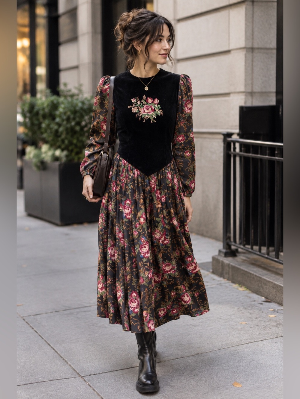 Vintage 80s Donna Morgan Black Velvet Floral Embroidered Dress Size 13/14